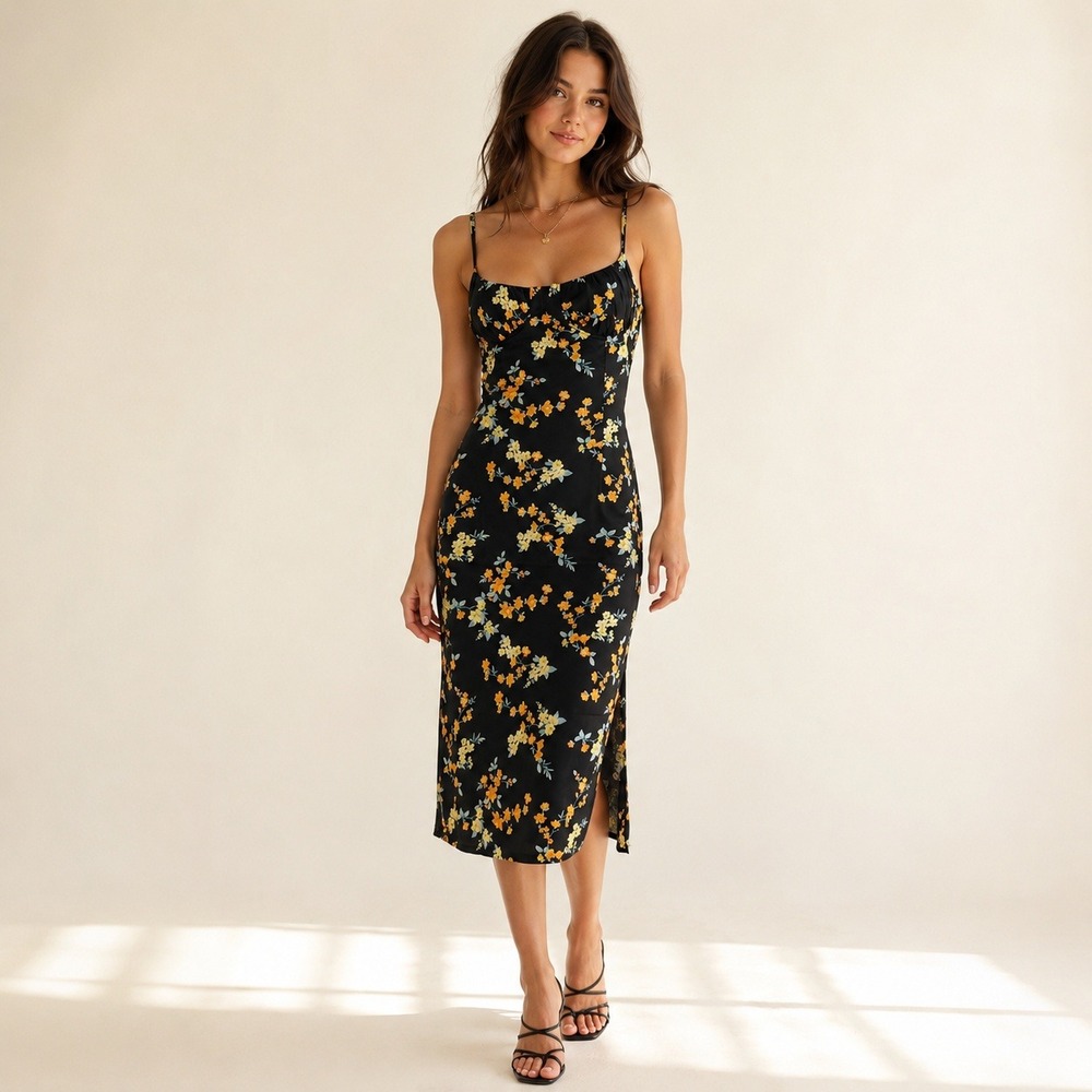 Forever 21 Floral Bustier Slip Dress Black Yellow Satin Midi Cottagecore Small
